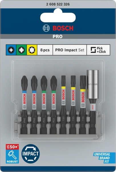 PRO Impact Screwdriver Bit Set  PH2; PZ2; T20; T25; T30 60; 50; 50; 50 50 mm Screwdriver Bit:
PH2 (2x); PZ2 (2x); T20; T25; T30.
60 mm Bit Holder:
Standard Bit Holder. 8 Pcs